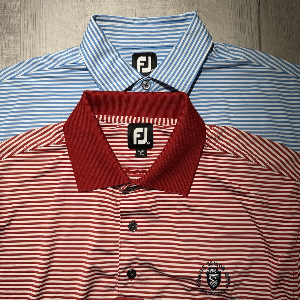 Lot of 2 Footjoy Golf Polo Men's Large Logo Red Blue Stretch Stripe‎ Signature
